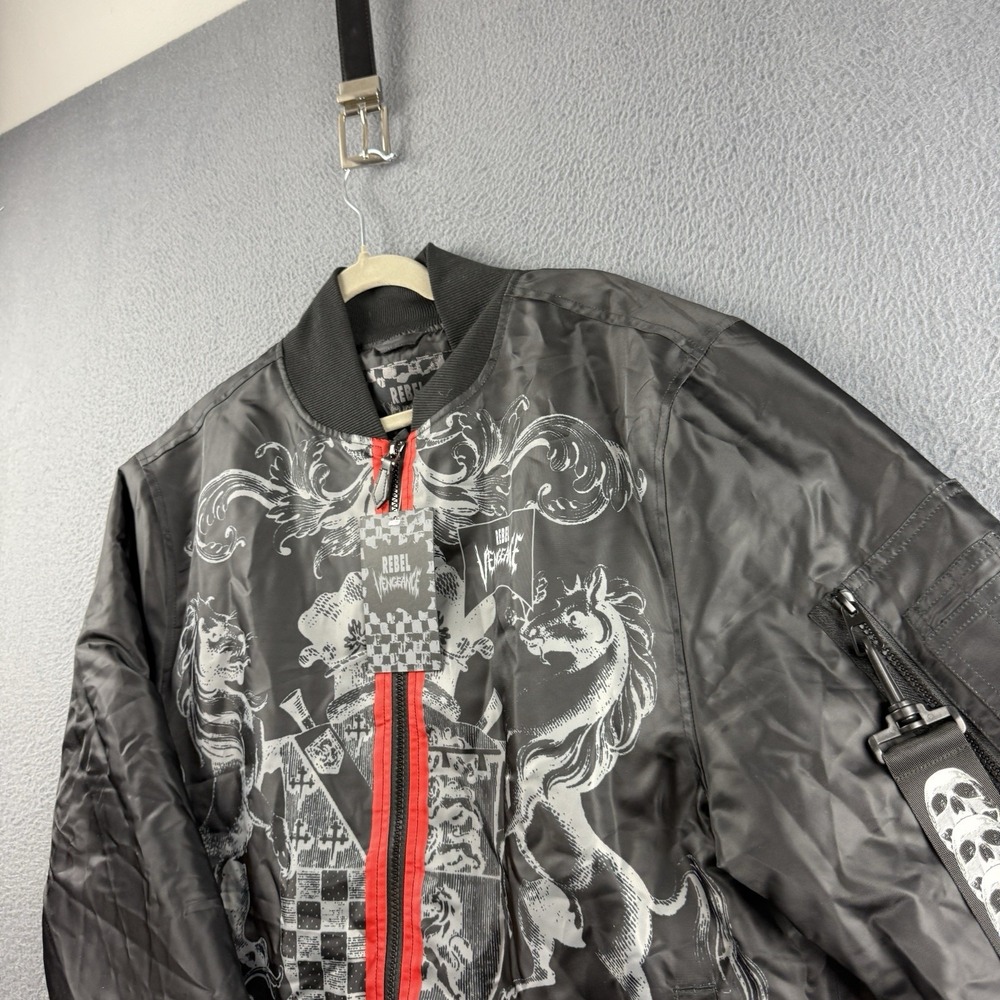 Rebel Vengeance Jacket Men's L Black Bomber AOP Skull Horse Crest Streetwear NEW